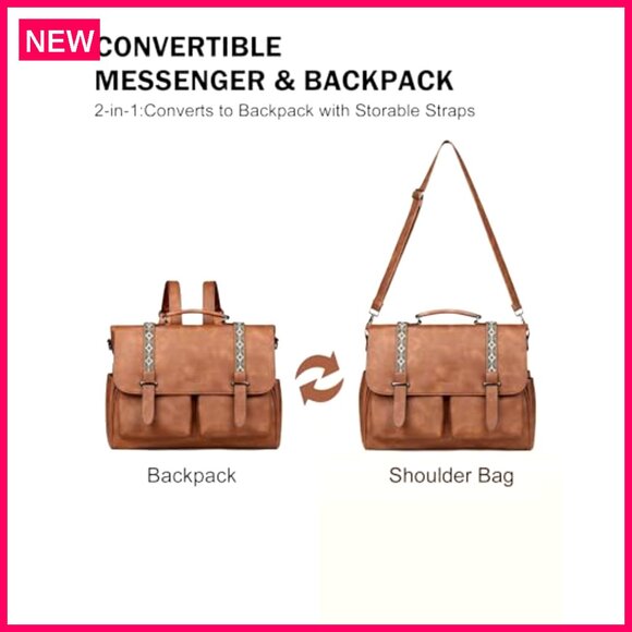 Large Leather Messenger Bag Convertible Backpack Laptop Briefcase Multi Pocket - Picture 6 of 8